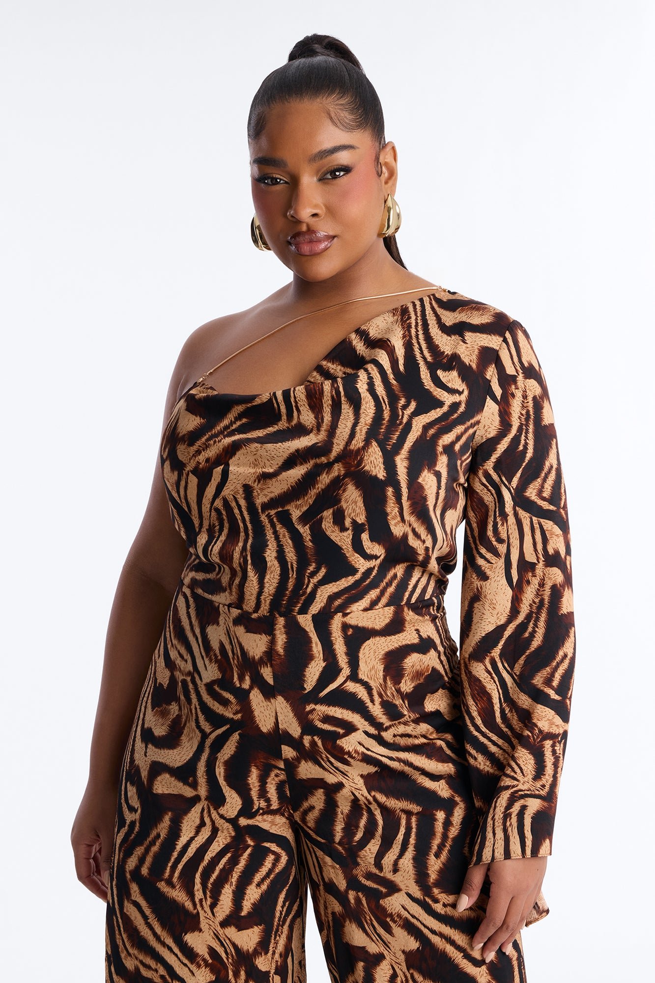 Tori Zebra One Shoulder Jumpsuit - Brown/combo | Fashion Nova