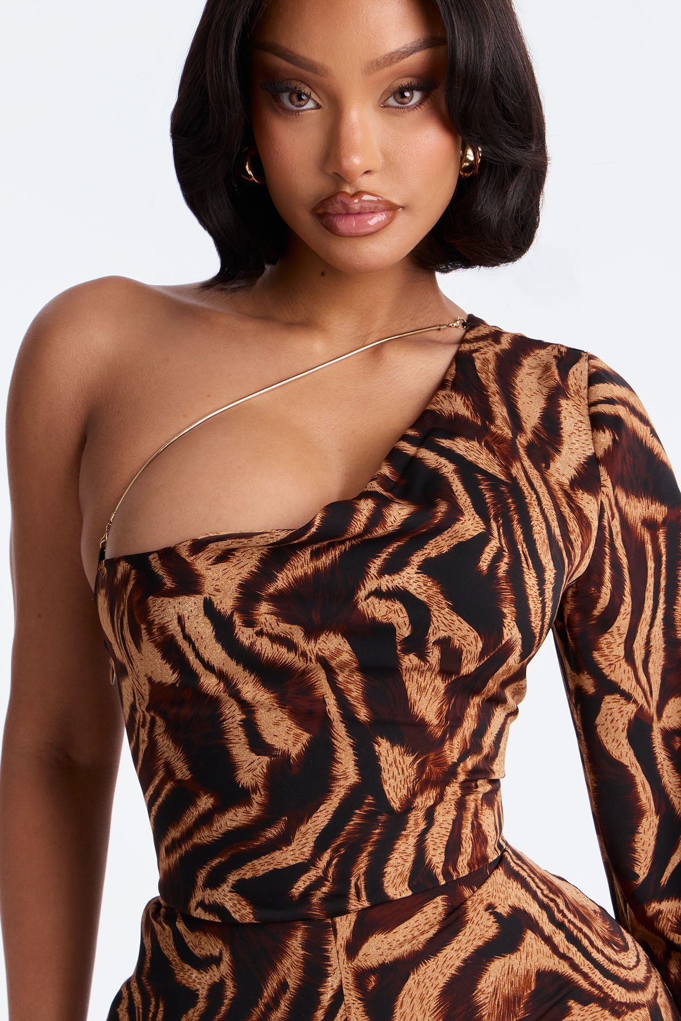 Tori Zebra One Shoulder Jumpsuit - Brown/combo | Fashion Nova