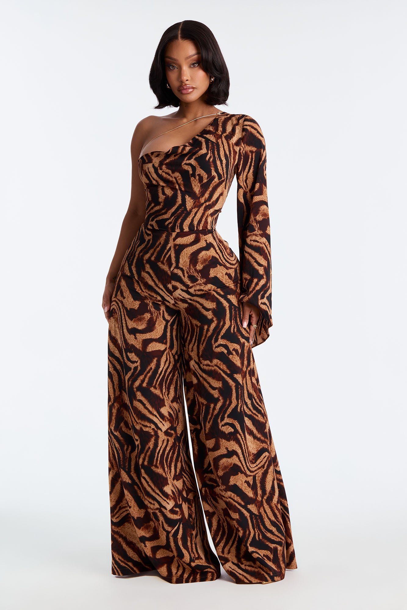 Tori Zebra One Shoulder Jumpsuit - Brown/combo | Fashion Nova